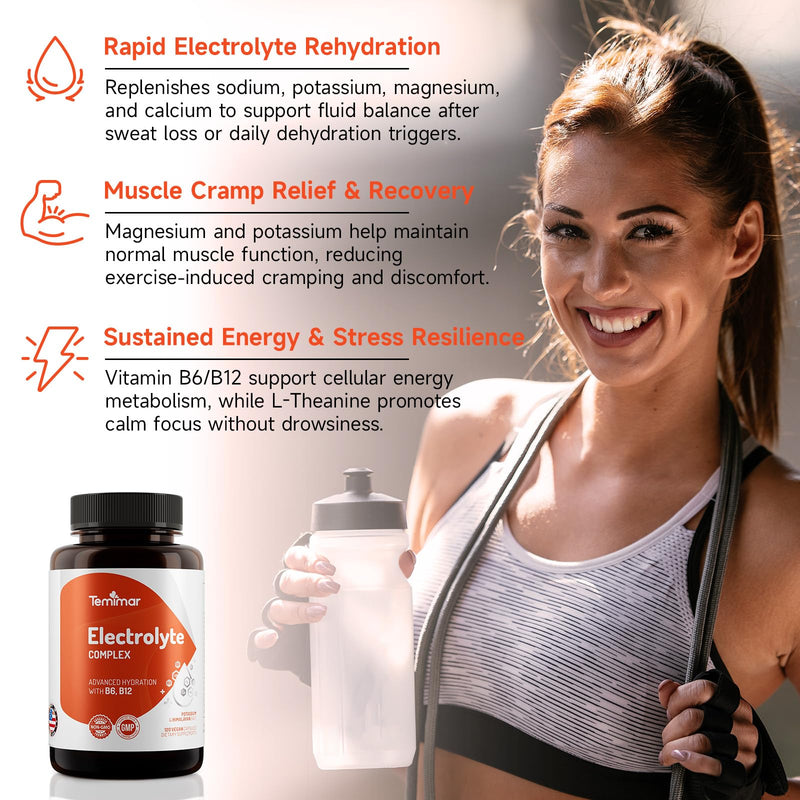 Electrolytes,120 Counts, Electrolyte Capsules with Sodium, Potassium, Magnesium, Calcium, B6 & B12, Electrolytes Replenisher Hydration Drink for Muscle & Energy Support, Made in USA
