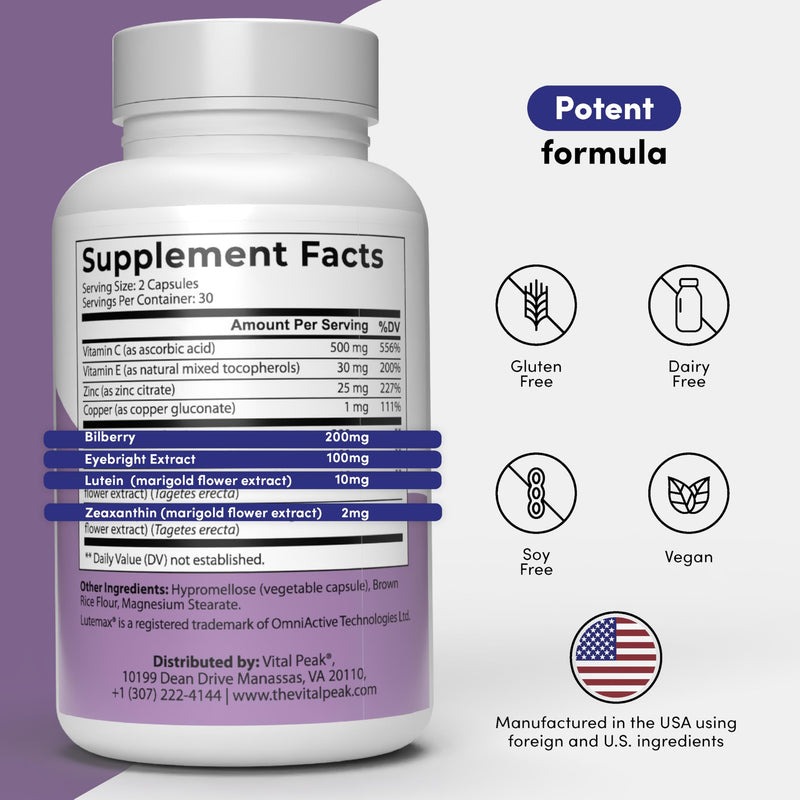 Vital Peak® Provision | Eye Health Supplements with Eyebright, Lutein | Eye Vitamins, Bilberry, Eyebright, Lutein, Zeaxanthin. 30 Days Supply. 60 Capsules