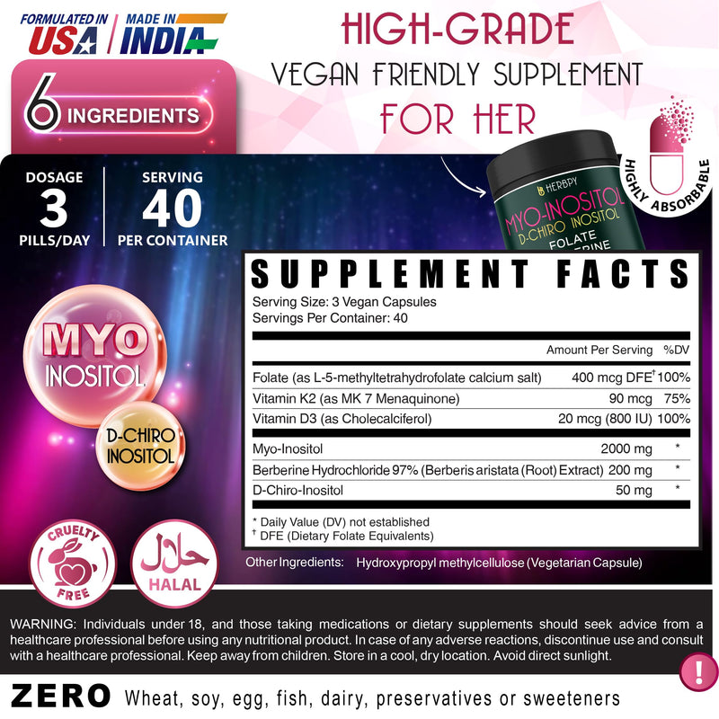 Herbpy 6in1 Berberine Myo-Inositol & D-Chiro Inositol Supplement for Women | Hormonal Balance & Ovarian Health Support | Myo inositol 40:1 with Folate, Vitamin D3, K2 & Berberine HCl 97% | 120 Capsules
