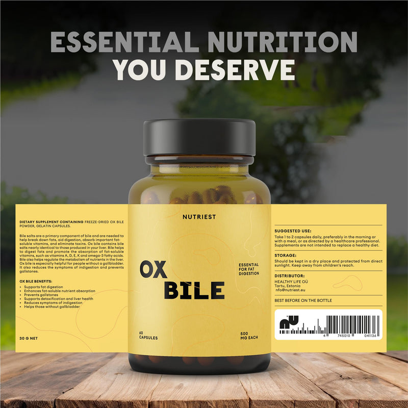 Nutriest Ox Bile Salts (60 Capsules) – Ox Bile 500 mg | Bovine Bile Salts from Europe | Supports Normal Fat Digestion