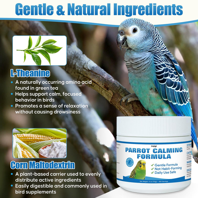 Parrot Calming Supplement – 4oz – Natural Bird Behavior Support Powder for Travel, Loud Noises & Visitors – Vet-Formulated, Easy Daily Use for Parrots