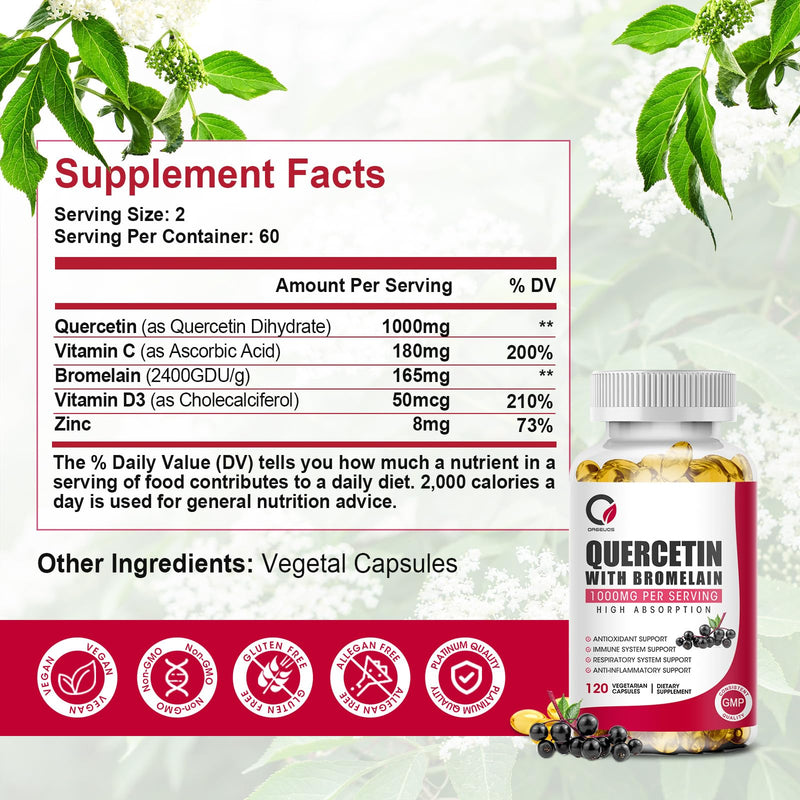 Quercetin with Bromelain 1000mg 120 Capsules with Vitamin C & D3, Zinc, Immune Support Supplement, Quercetin Supplements with Bromelain, Supports Respiratory System, Veg, Non-GMO & Gluten Free - BeesActive Australia