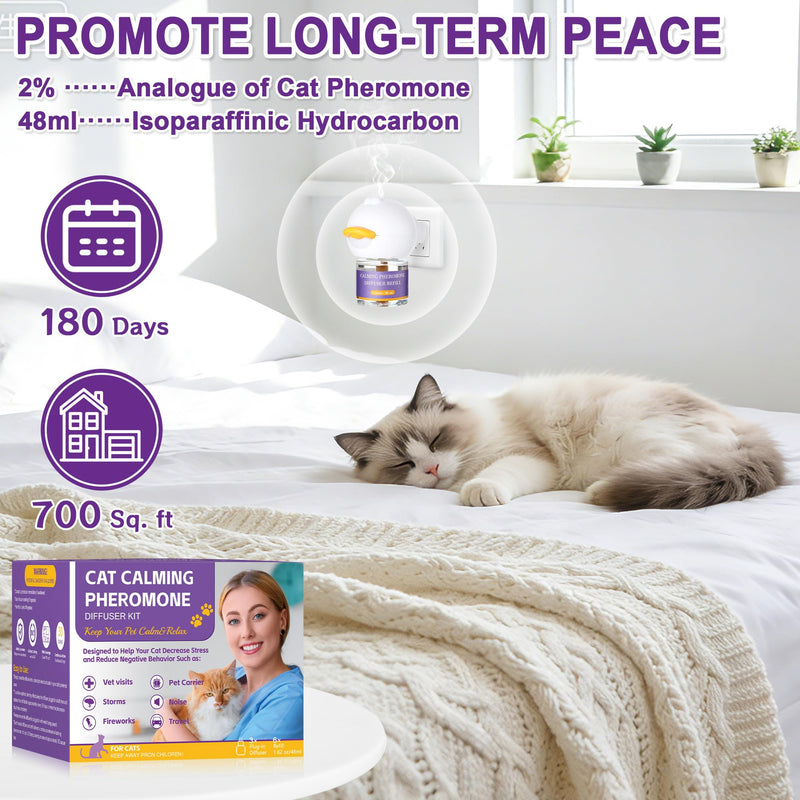 9-in-1 Advanced Cat Pheromone Calming Diffuser 180 Days (3 Plugs+6 Refills), Relieve Anxiety, Help Reduce Fighting, Spraying & Scratching, Drug-Free & Odorless Safe Relaxation Solution