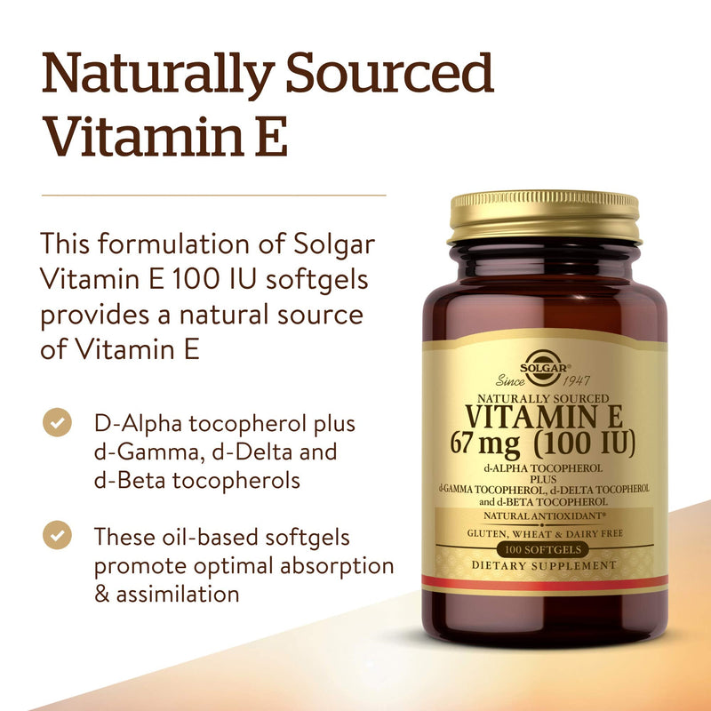 Solgar Vitamin E 67 mg (100 IU), 100 Mixed Softgels - Natural Antioxidant, Skin & Immune System Support - Naturally-Sourced Vitamin E - Gluten Free, Dairy Free - 100 Servings - BeesActive Australia