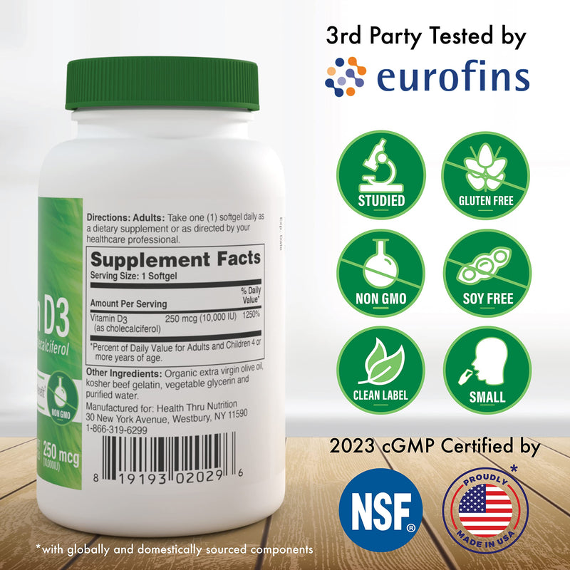 Health Thru Nutrition Vitamin D3 10,000iu - 250 mcg 120 Mini Softgels | Vitamin D Supplement as Cholecalciferol | Immune Health Support | 3rd Party Tested | Non-GMO USP Grade in Organic EVOO Unflavored 120 Count (Pack of 1)