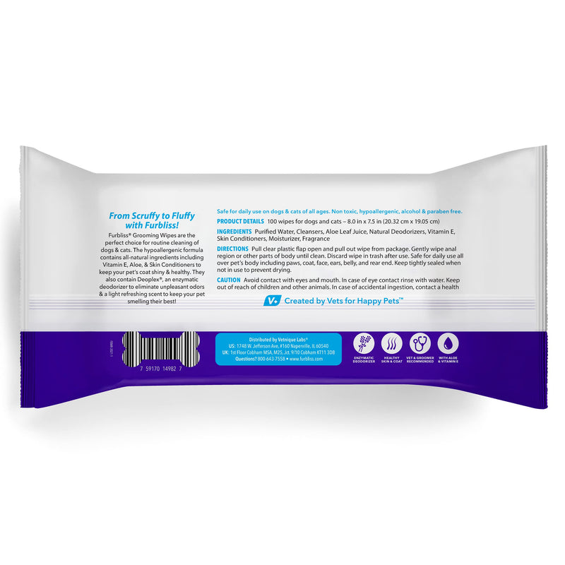 Vetnique Labs Furbliss Hygienic Pet Wipes for Dogs & Cats, Cleansing Grooming & Deodorizing Hypoallergenic Thick Wipes with All Natural Deoplex Deodorizer (Unscented, 100ct Pouch) Unscented - BeesActive Australia