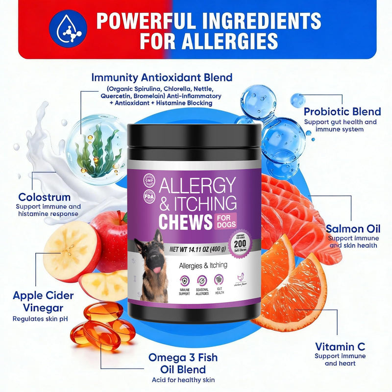 Dog Allergy Chews with Probiotics & Vitamins – Supports Skin Comfort & Coat Health
