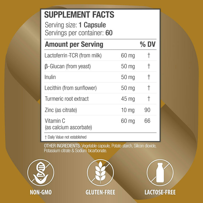 Lactoferrin Gold 1.8 - for Immune Support, Digestive Health, and Iron Absorption - Lactose-Free, Gluten-Free, Non-GMO (60 Count) 60 Count (Pack of 1)