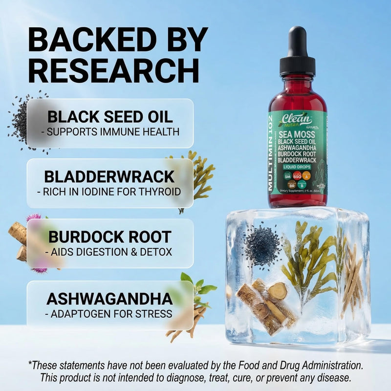 Clean Nutra Organic Sea Moss Drops Supplement | Black Seed Oil Irish Seamoss Ashwagandha Burdock Root & Bladderwrack - Multimineral Liquid Vegan for Gut Heath Energy Skin Immune Support & Hair 1
