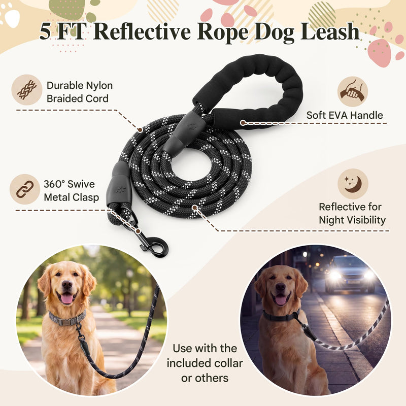 Flea and Tick Collar for Dogs with 5 FT Leash, Essential Oils Collars, Rope Dog Leash with Padded Handle, Adjustable Size Dog Walking Set, Flea and Tick Prevention for Dogs, Puppies