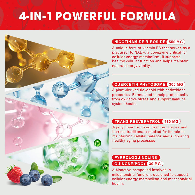 NAD+ Supplement 1000mg – NAD Liquid Stick Packs with Nicotinamide, Resveratrol, PQQ & Quercetin – Berry Flavor – Supports Cellular Energy, Focus & Healthy Aging – 30 Packets