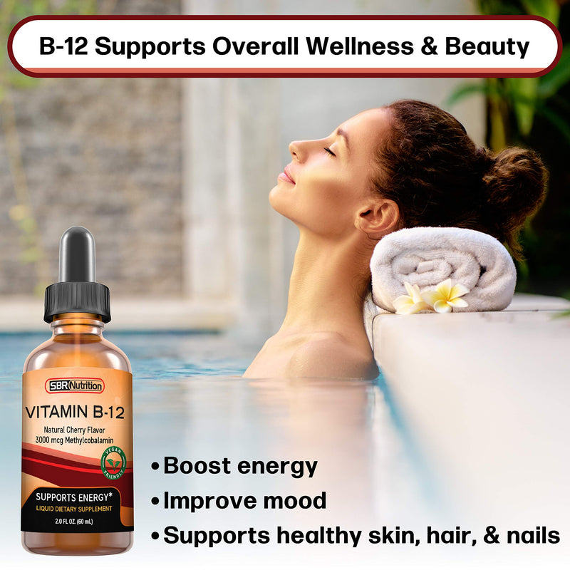 SBR Nutrition Vitamin B12 Sublingual Liquid Drops - Methylcobalamin, VIT B 12 Supports Energy, Max Absorption, 3000mcg Per Serving, 60 Servings, Non-GMO, Vegan Friendly, Manufactured in The USA Natural Cherry - 3000mcg