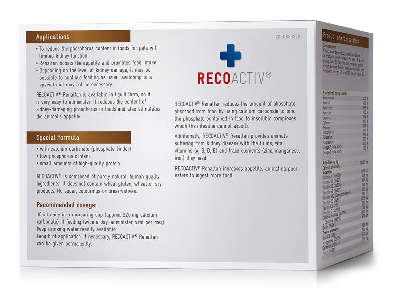 RECOACTIV Renaltan Tonic for cats, 3 x 90 ml, dietary supplement with phosphate binder to reduce the phosphate content of food for animals with renal insufficiency or CRI