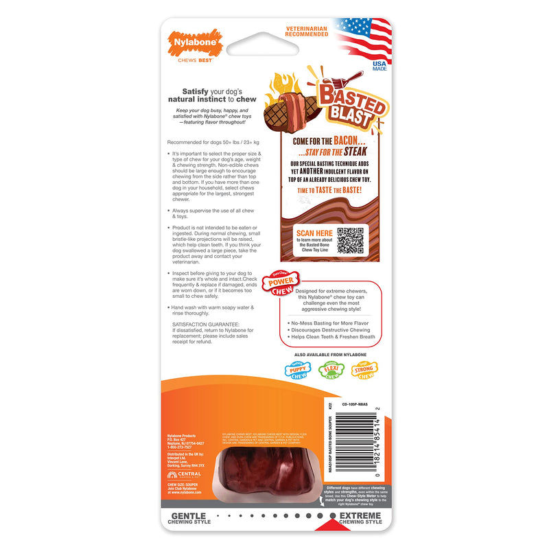 Nylabone Power Chew Basted Blast Dual Flavored Dog Chew Toys for Aggressive Chewers - Durable Dog Bones with 2 Layers of Flavor - Bacon and Steak Flavor, X-Large/Souper (1 Count) X-Large/Souper (1 Count) - BeesActive Australia