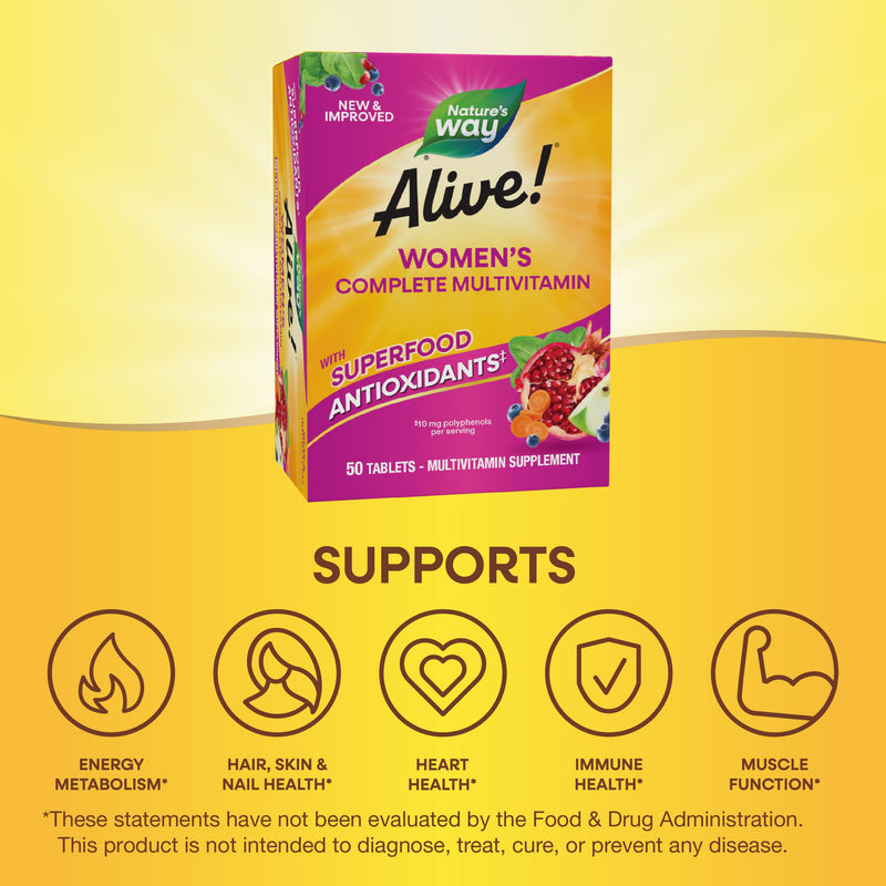 Nature's Way Alive! Women's Energy Multivitamin Tablets, Supports Cellular Energy*, Fruit and Veggie Powder Blend (100mg per Serving), 50 Tablets, (Pack of 2) 50 Count (Pack of 2)