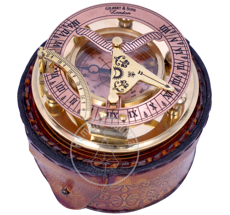 Humaira Nautical Vintage Brass Sundial Compass with Copper Dial & Leather Box Handmade Sun Clock Maritime Navigation Compass Gift - BeesActive Australia