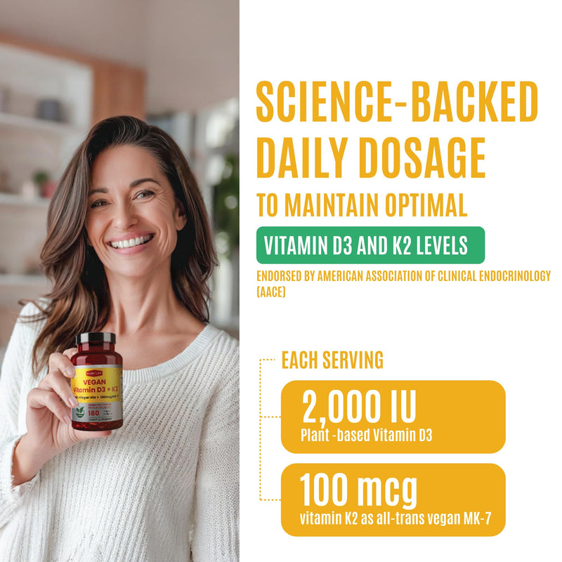 FAMILI+ Vegan Vitamin D3 K2 2000IU with Coconut MCT Oil, 180 Softgels | 180 days, 2000IU Plant source Vitamin D3 + 100 mcg Vitamin K2 MK-7, For Bone, Muscle, Immune, Teeth & Heart Health
