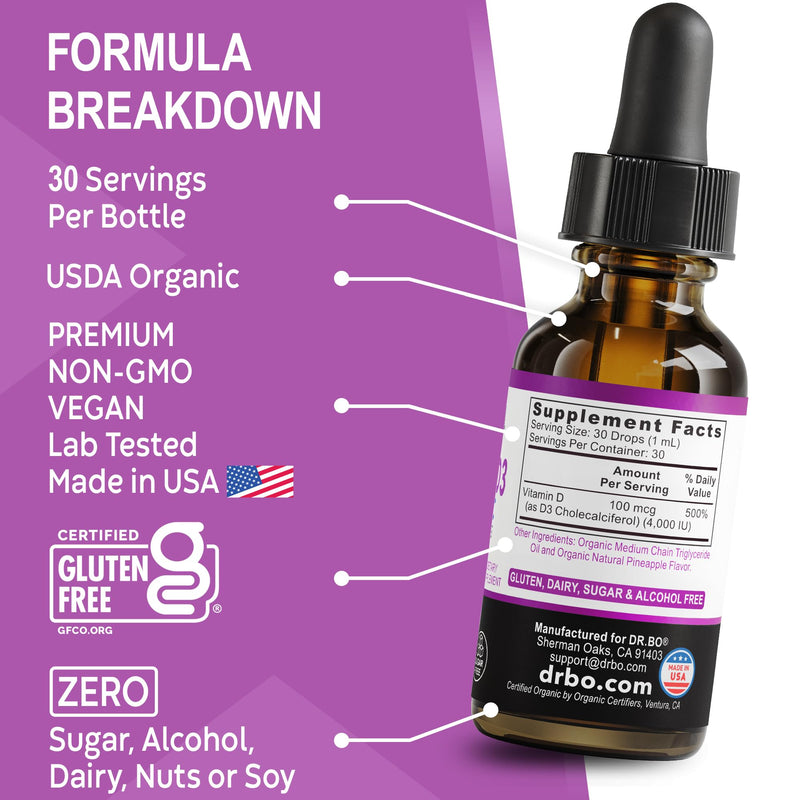 Vitamin D3 Liquid Drops Organic - Vegan VIT D Liquid Vitamin D for Adults & Kids Oil 4000 IU Vegan Organic D3 Drops Sublingual Supplement - Immune & Bone Health VIT Supplements, Non-GMO 30 Servings