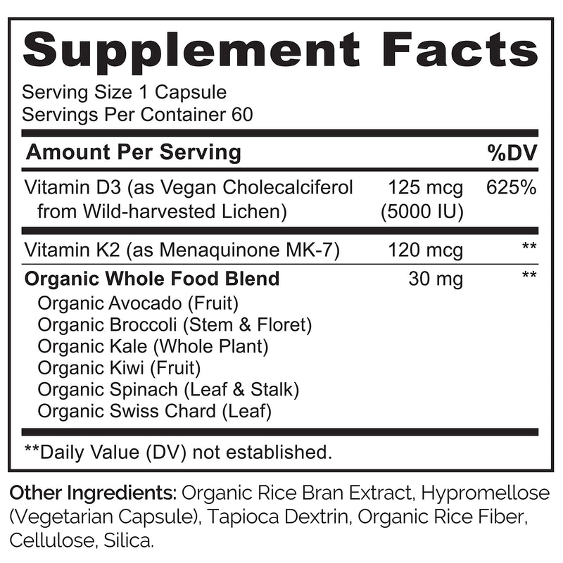 NATURELO Vitamin D3 K2, Vegan K2+D3 Supplement, 60 Capsules | Vitamin D with K, plant based D3 from lichen, whole food, non-GMO, gluten free, Vitamin D Plus K Supplement, K2 D2 Unflavored 60 Count (Pack of 1)