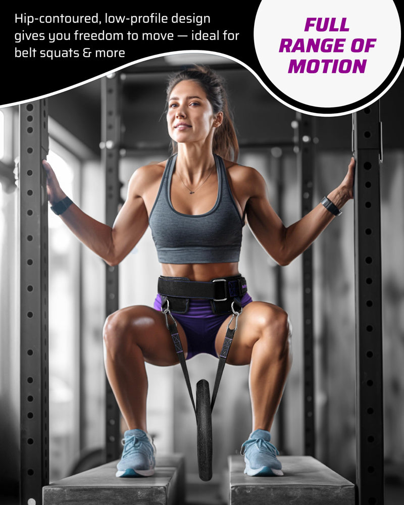 Women’s Weighted Dip Belt – For Pull-Ups, Dips & Squats | Hip-Hugging No-Pinch Fit, No-Slip Buckle | Sleek Black with Purple Stitching, 2 Straps & 2 Hooks Included