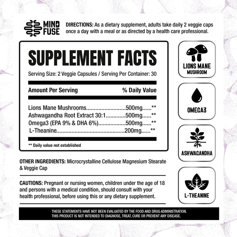 Nootropic Memory Booster Supplement for Adults - Lion’s Mane Capsules with Omega-3, Ashwagandha & L-Theanine for Focus & Memory - Gluten-Free 60 Capsules 1