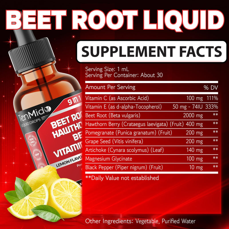 9in1 Beet Root Extract Liquid Drops with Vitamin C, Vitamin E, Hawthorn Berry, Pomegranate, Grape Seed, Artichoke, Magnesium Glycinate, and Black Pepper - 30ml 1 Fl Oz