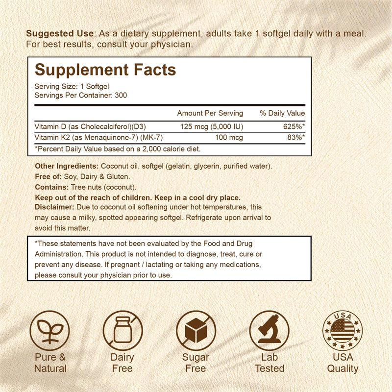 2-in-1 Vitamin D3 K2 Supplement Softgel, Vitamin D3 5000 IU and Vitamin K2 100 mcg, K2 MK7 with D3 Vitamin Supplement Support Immune, Heart, Teeth Health 300 Count (Pack of 1) 5,000 IU D3 & 100MCG K2 Softgels