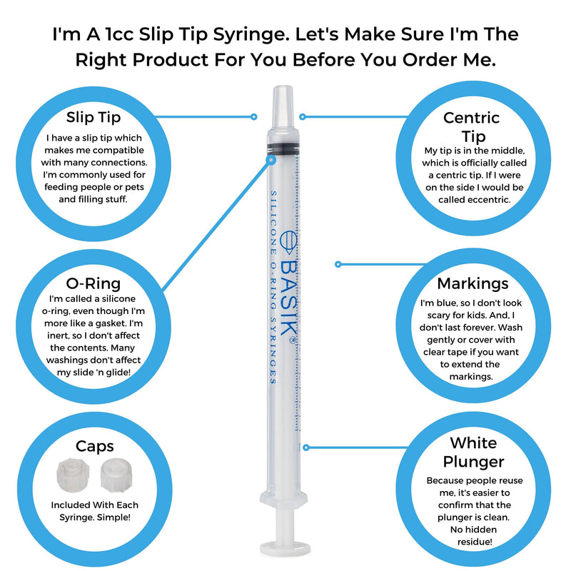 BASIK Silicone O Ring 1cc Feeding Syringe 10/Pack Caps Included Individually Wrapped For Hand Feeding Small Animals And Measurements - PawsPlanet Australia
