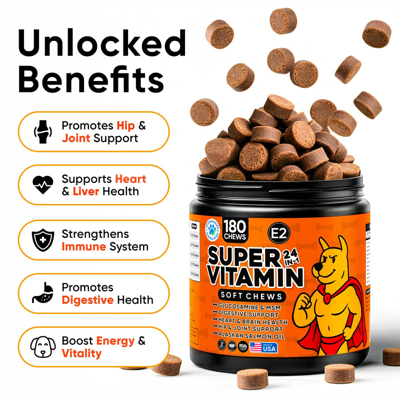 24-in-1 Dog Multivitamin with Glucosamine - Chewable Dog Vitamins and Supplements for Hip & Joints - Ideal for Immune Support and Digestive Health - Best for Senior Dogs and Puppies’ Skin & Heart
