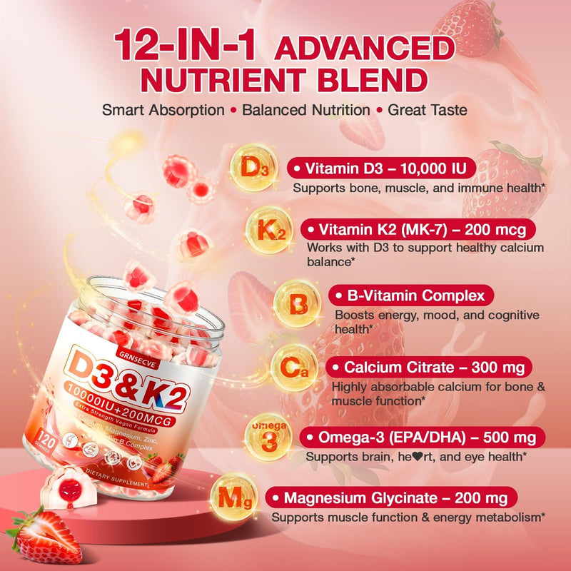 Vitamin D3 K2 Gummies - Vitamin D3 10000 IU & K2 (MK-7) 200 mcg - Vegan K2 D3 Vitamin Supplement w/Magnesium - Supports Bones, Muscle, Calcium Absorption, and Immune Health | 120 Count, Sugar Free