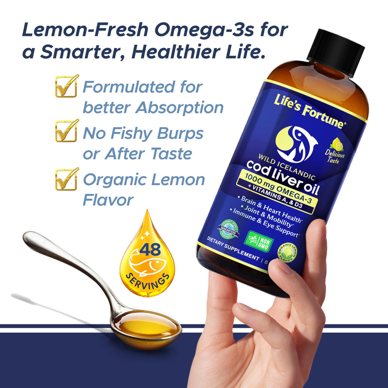 Life's Fortune Cod Liver Oil Liquid Organic Lemon Flavor (8 Oz) 1,000 mg Omega + Vitamin A, E & D3 - Supports Immune Health - 100% Fish Oil Supplement from Wild Ocean Cod-GMO Free 8 Fl Oz (Pack of 1)