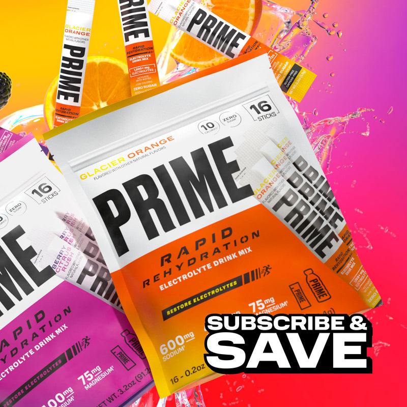 PRIME Rapid Rehydration Electrolyte Powder Sticks, Glacier Orange, Sugar Free Hydration Drink Mix with Sodium, Potassium, Magnesium & B Vitamins to Replenish Fluids, Caffeine Free, 16 Count