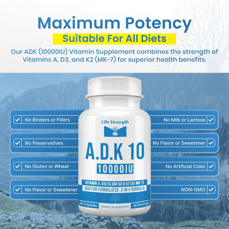 ADK 10 Supplement (180 Count) - Physician Formulated Vitamins A1, D3 & K2 (as MK7) for Bone Health - Immune System Support - Gluten Free, Soy Free, Non-GMO - 90 Capsules 2 PK 180CT