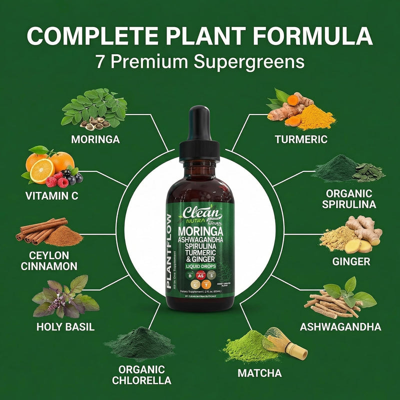 Clean Nutra Moringa Supplement Drops Ashwagandha Spirulina Chlorella Turmeric & Ginger Liquid Barley Grass with Chlorophyll Blue Green Algae Vitamin C Antioxidant Holy Basil Ceylon Cinnamon PlantFlow