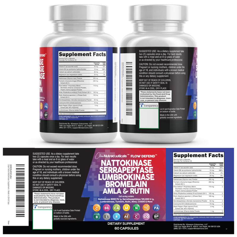 Clean Nutraceuticals Nattokinase 5000 FU Serrapeptase 120000 SPU Lumbrokinase Enzyme Supplement with Bromelain Papain Papaya Enzymes Rutin Extract Amla Magnesium Vitamin B6 & VIT C Capsules 1