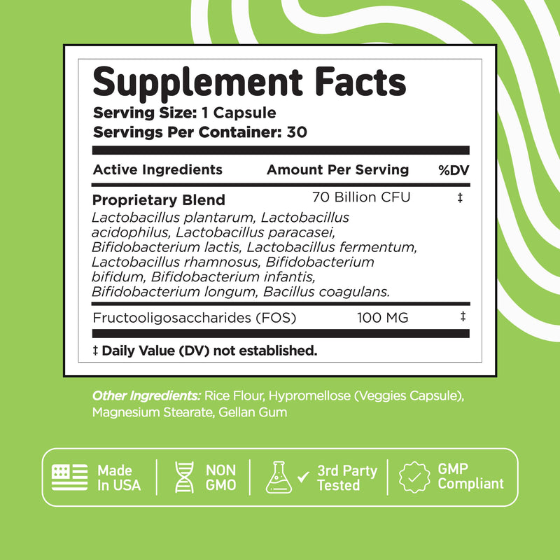 Vital Vitamins Probiotic Complex, 70 Billion CFU for Men & Women | 10-Probiotic Strain Blend with Prebiotic FOS, Supports Digestion & Immunity, Shelf-Stable, 30 Capsules 30 Count (Pack of 1)