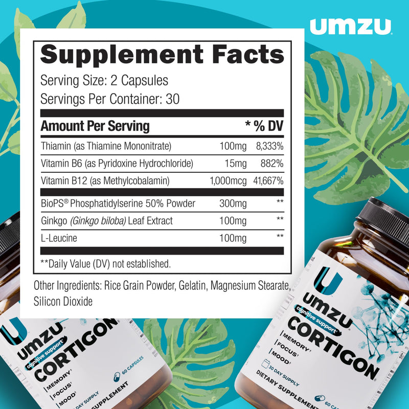 UMZU Cortigon Cortisol Support Supplement, 30 Day Supply | Ginkgo Biloba, Phosphatidylserine, Vitamins B6 and B12, Healthy Stress Response, Mood, Focus and Cognitive Support