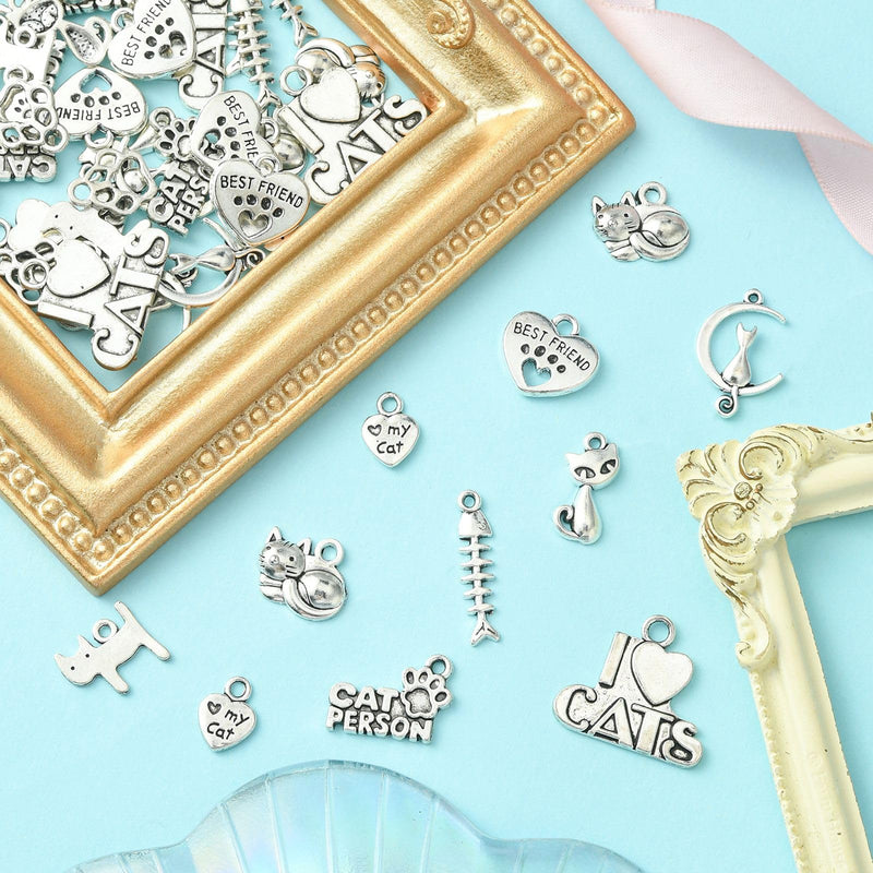 Ornazy 50 pcs 10 Styles Craft Supplies Antique Silver Animals Cat Pet Charms Tibetan Kitten Charms for DIY Necklace Bracelet Jewelry Making - BeesActive Australia