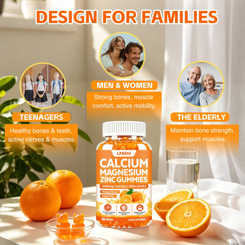 Calcium Gummies Calcium 1200 mg with Vitamin d3, K2, B12, Magnesium & Zinc | Calcium Magnesium Zinc Gummies for Bones, Immune & Energy Support, Sugar-Free Vegan Orange Flavor for Women & Men 60 Count (Pack of 2)