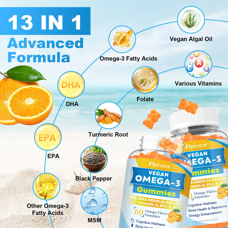 Vegan Algal Oil Omega 3 Gummies Supplement for Adults Sugar Free, 120 Count | Omega 3 With DHA, EPA & 10 Essential Vitamins, Fish Oil Alternative - Support Brain, Eye & Immunity, Orange Flavor 60 Count (Pack of 2)