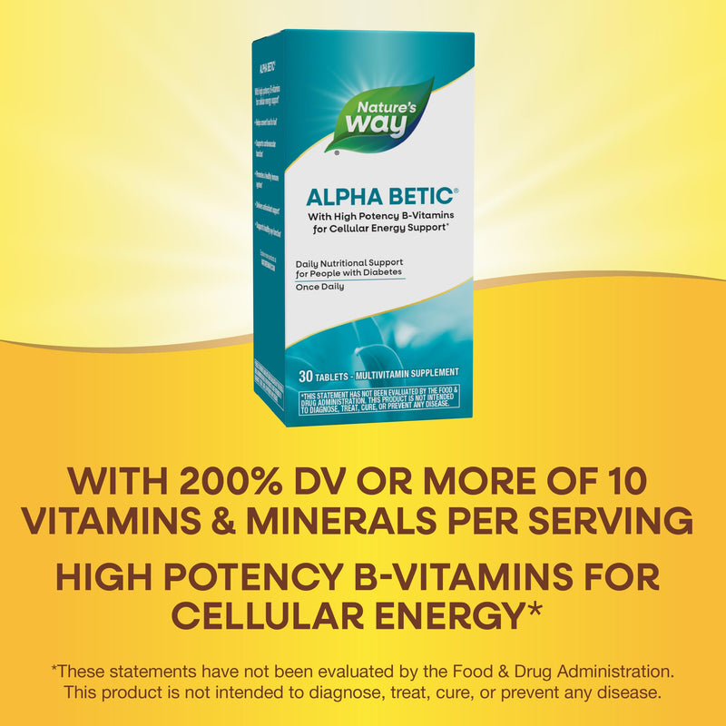 Nature's Way alpha betic, Diabetic Multivitamin for Daily Nutritional Support, with B-Vitamins for Energy Metabolism Support*, Alpha Lipoic Acid, Taurine, Lutein, 30 Tablets 30 Count (Pack of 1)