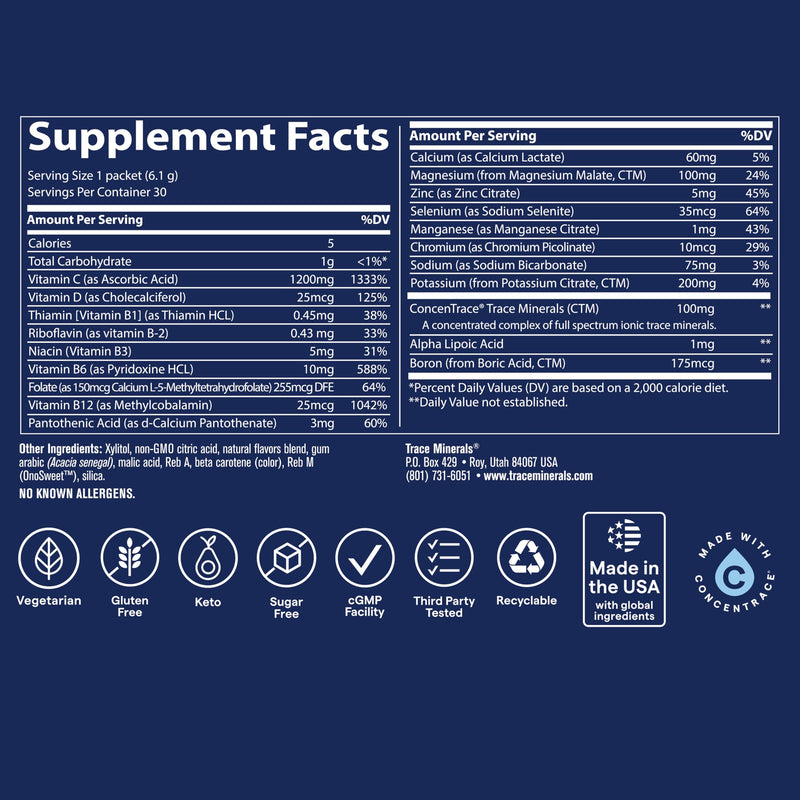 Trace Minerals Power Pak Electrolyte Drink Mix, Orange Mango, 30 Packets | 1,200 mg vitamin C with zinc and magnesium. Promotes immunity and supports hydration. Sugar free, no artificial dyes. 0.22 Ounce (Pack of 30)