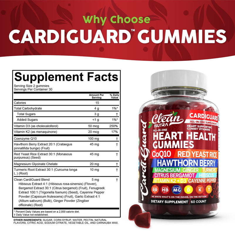 Clean Nutraceuticals Coq10 Gummies | Red Yeast Rice Hawthorn Berry Ginger Turmeric Citrus Bergamot Hibiscus Vitamin K2+D3 Magnesium Glycinate Cayenne Pepper Fenugreek Orange Flavor CardiGuard 1