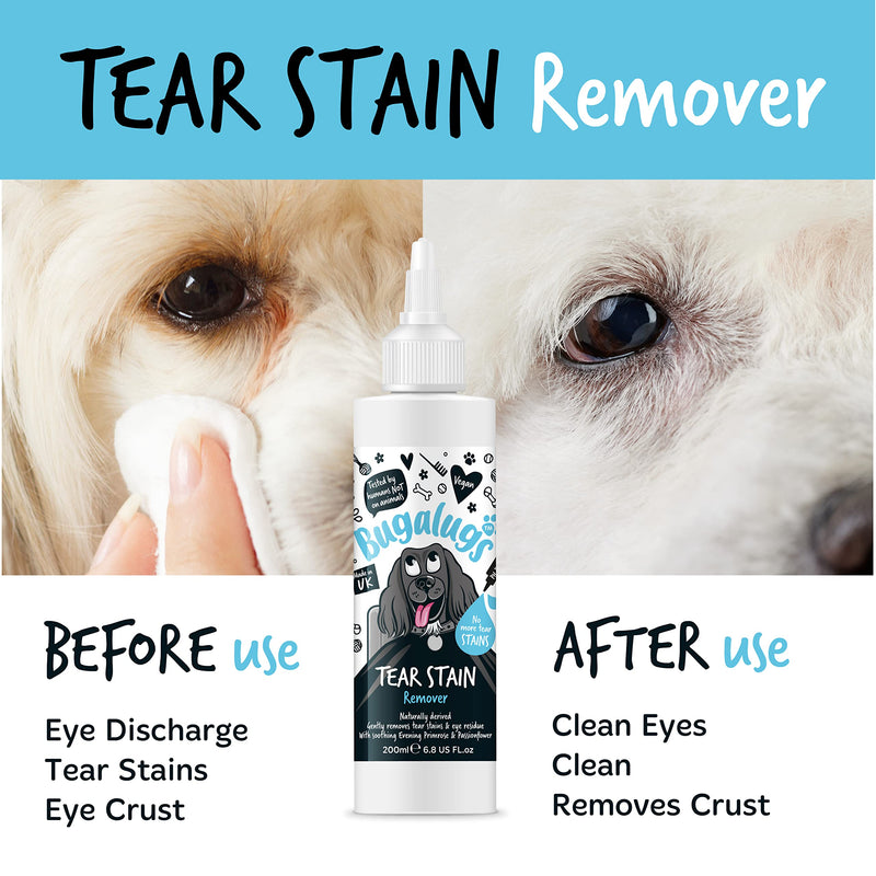 BUGALUGS Tear Stain Remover For Dogs, Cats & Pets Eyes. Dog Eye Cleaner Eyewash Gently Removes Eye Residue & Prevents Stains. 100% Naturally Derived Vegan Formula, Made in UK
