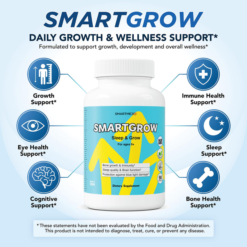 SmartGrow Premium Growth Formula for Teens – Bone, Brain, Sleep & Eye Support – Calcium, Vitamin D3, L-Theanine – Daily Wellness Supplement (180 Capsules) – 3 Month Supply 90 Count (Pack of 2)