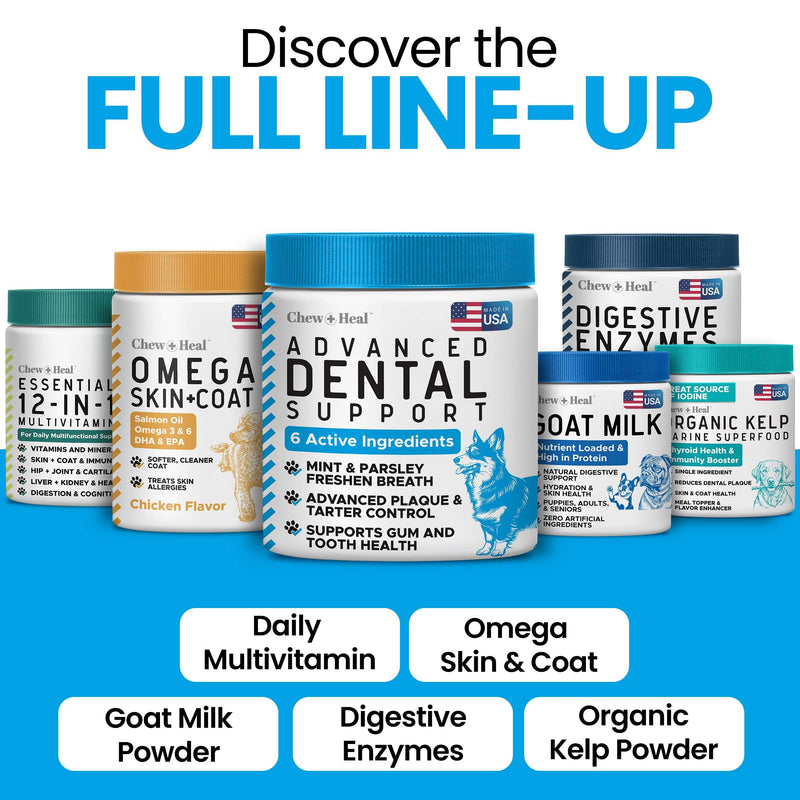 Advanced Dental Powder for Dogs - 4oz of Teeth Cleaning Powder with Scoop for Tartar, Bad Breath, Biofilm, Gum, and Tooth Health - Brown Algae, Kelp, Parsley, Green Tea, Probiotics - Made in USA