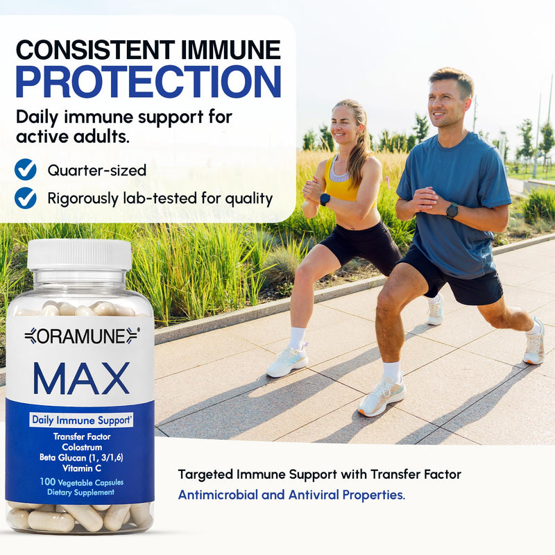Max Support Supplement with Transfer Factor, Pure Bovine Colostrum, Beta-1, 3/1, 6-D Glucan & Vitamin C for Daily Immune System Function, Enhances Overall Health & Wellness - 100 Capsules Oramune Max