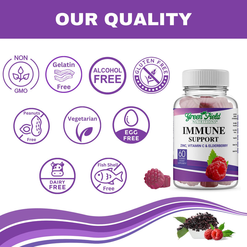 Greenfield Nutritions Halal Immune Support Elderberry Gummies for Adults - Supports Your Immune System Naturally with Halal Zinc and Vitamin C Gummy - 60 Delicious Mixed Berry Gummies Halal Vitamins