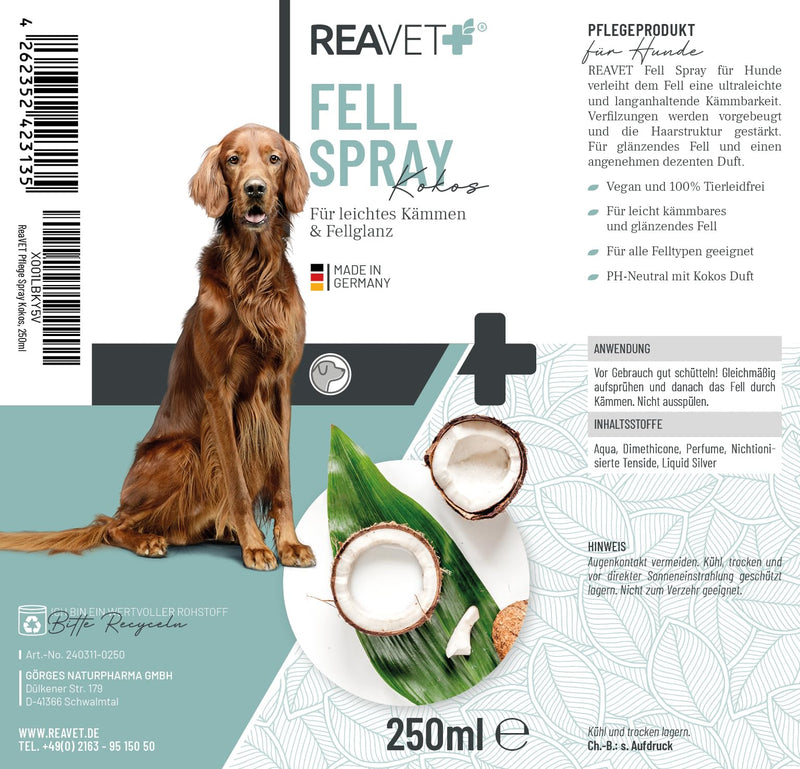 ReaVET fur care care spray coconut 250ml - gentle fur spray for dogs & cats, detangling spray & combing aid, with coconut spray with coconut oil coconut fur spray