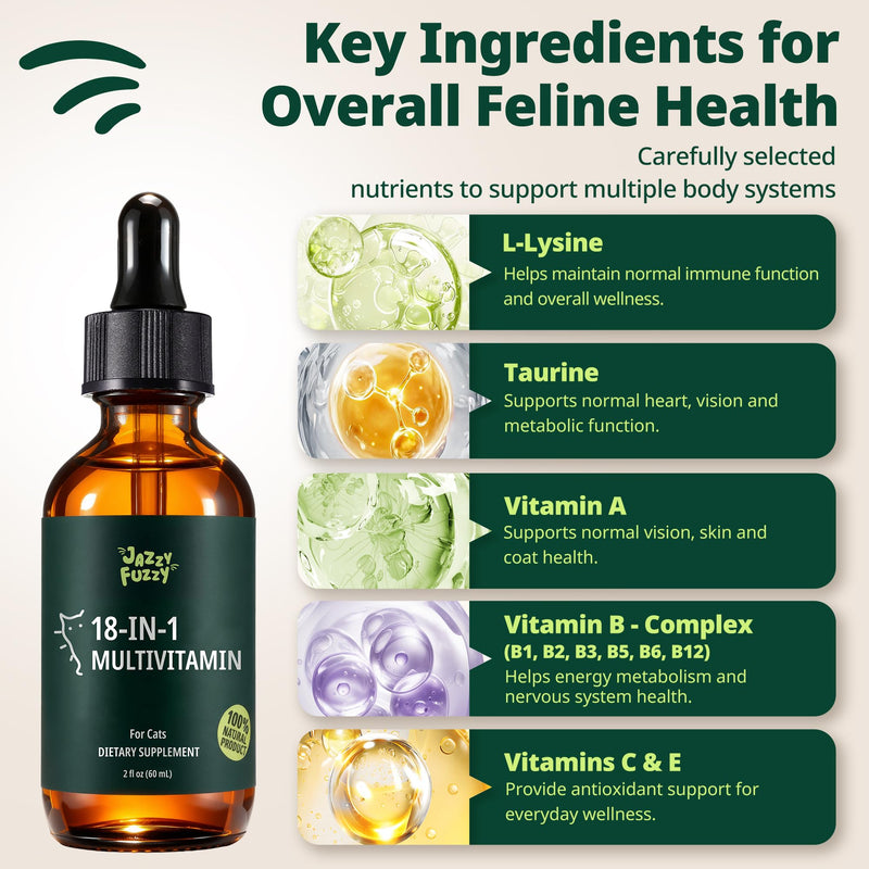 18-in-1 Liquid Multivitamin, Taurine & Lysine for Cats, Cat Liquid Vitamin, Senior & Picky Cats, Supports Immune, Skin & Coat, Energy & Overall Wellness, Chicken Flavor, 2 fl oz